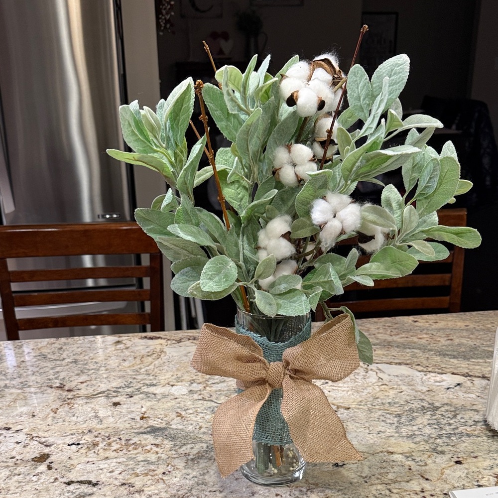 Rustic Green and White Faux Cotton Bouquet